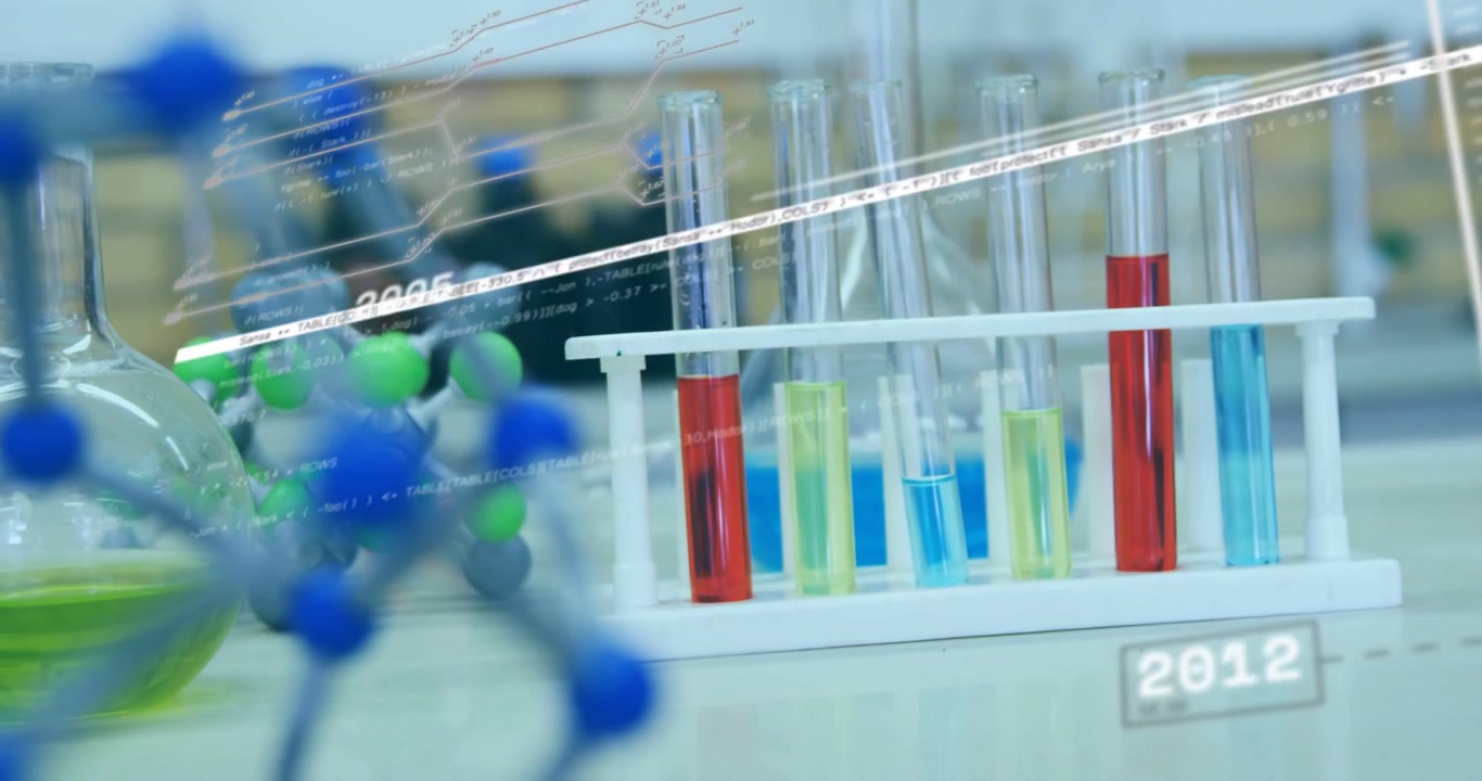 La telecamera si allontana da un modello molecolare mentre una linea di tendenza HUD collega gli anni, mostrando la crescita della ricerca di laboratorio.