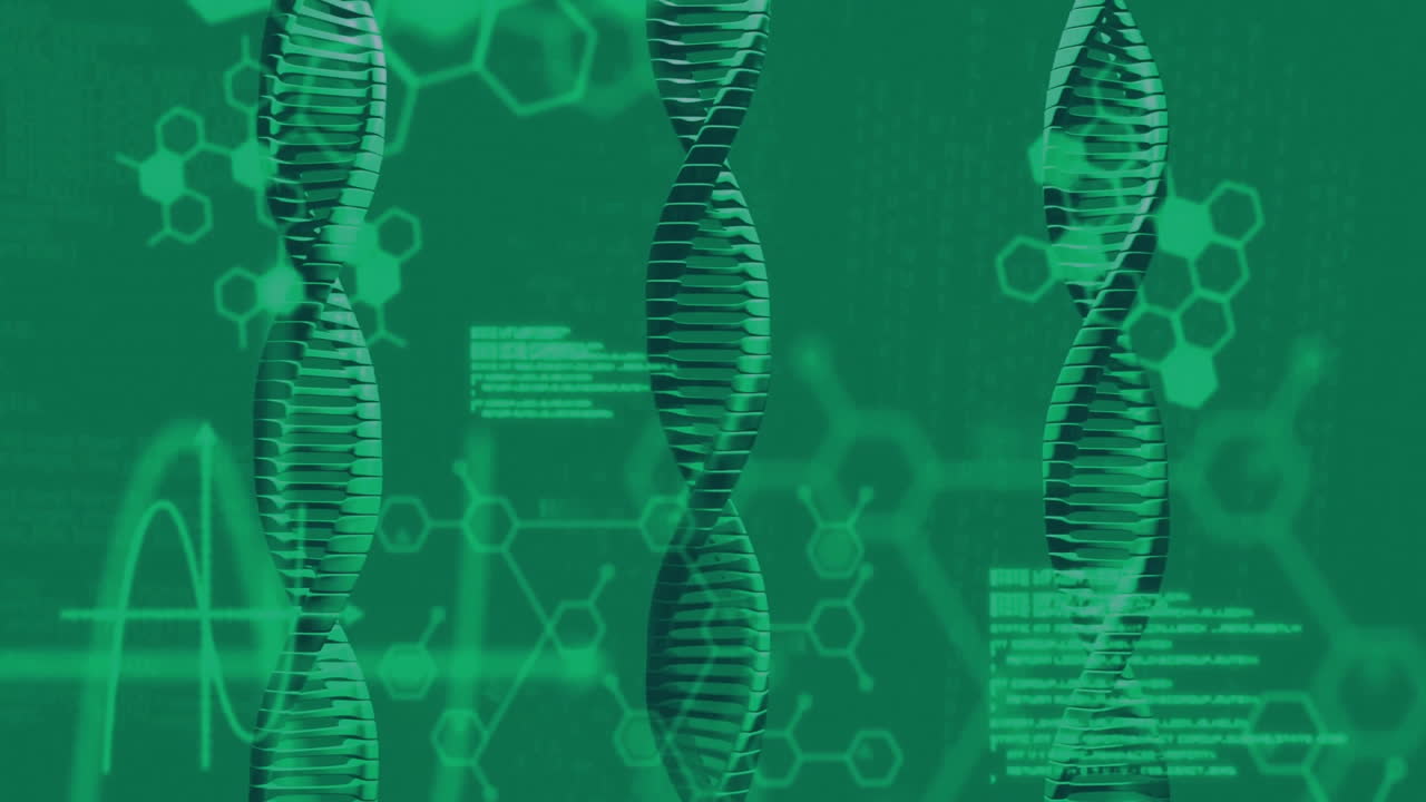 animación de hilos de adn girando y procesamiento de datos digitales