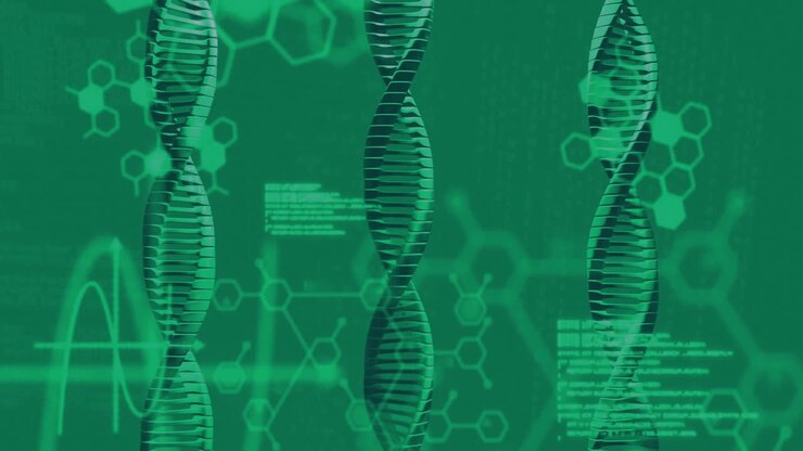 Animation of dna strands spinning and digital data processing