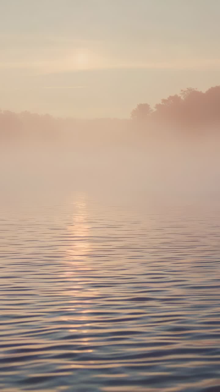 Vertical video: Rising sun urging misty lake surface shimmering and casting sun column at dawn