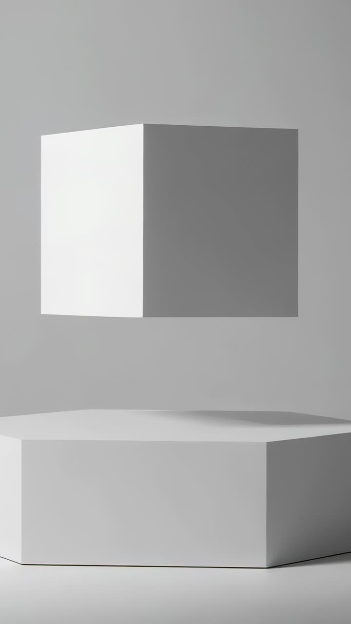 Vertical video: Initiating white cube rotating and hovering above hexagonal pedestal in studio