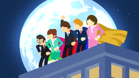 superheroes in moonlight city. standing over skyscraper. business team symbol. teamwork and leadership concept. comic loop animation.