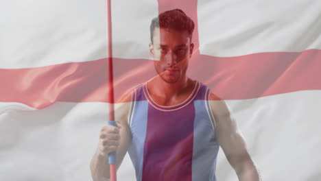 animación de la bandera de inglaterra sobre el caucásico hombre lanzador de jabalina
