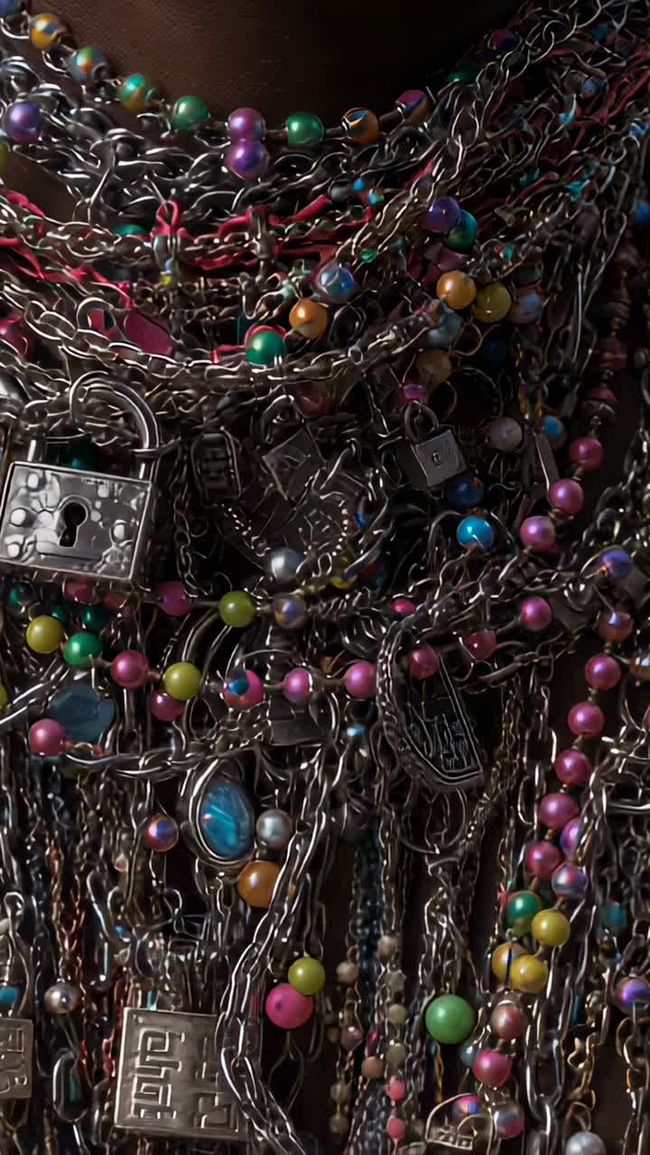 Vertical video: Camera shifting nudging chains on neck in dim light, revealing blue stone and locks