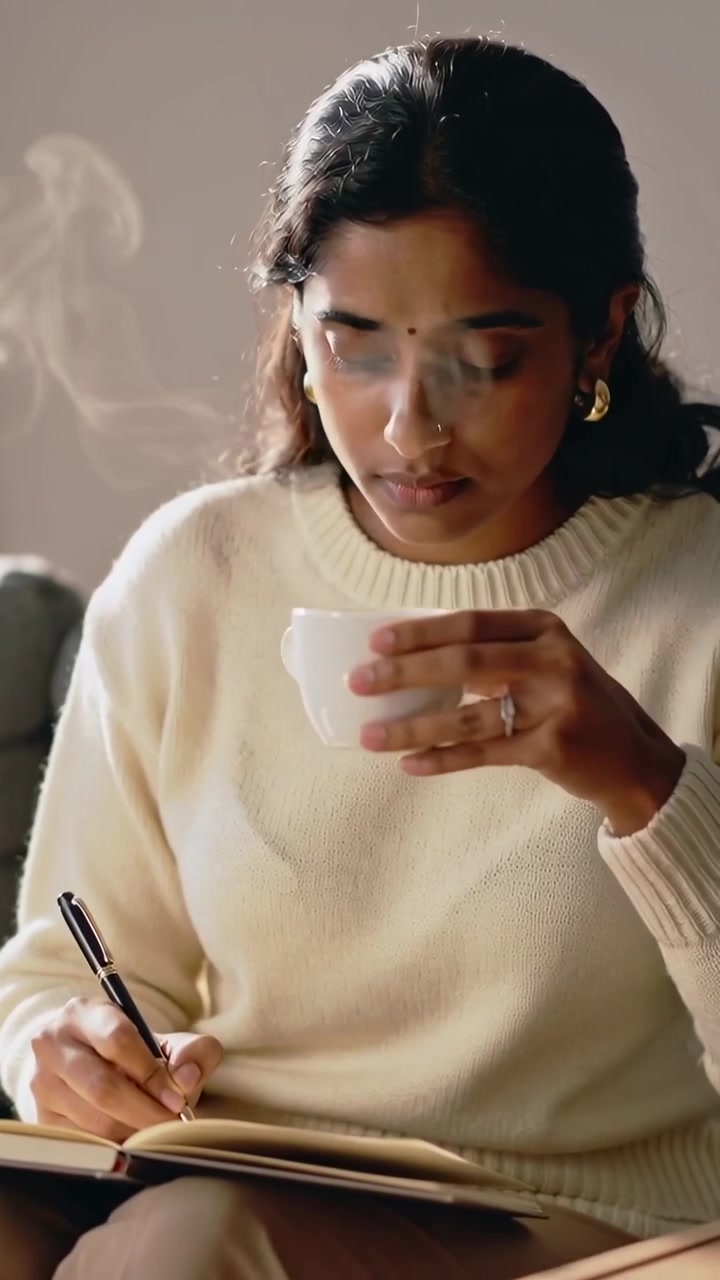 Video verticale: Donna con top color crema che scrive, si ferma, sorseggiando da una tazza fumante sul divano con un diario.