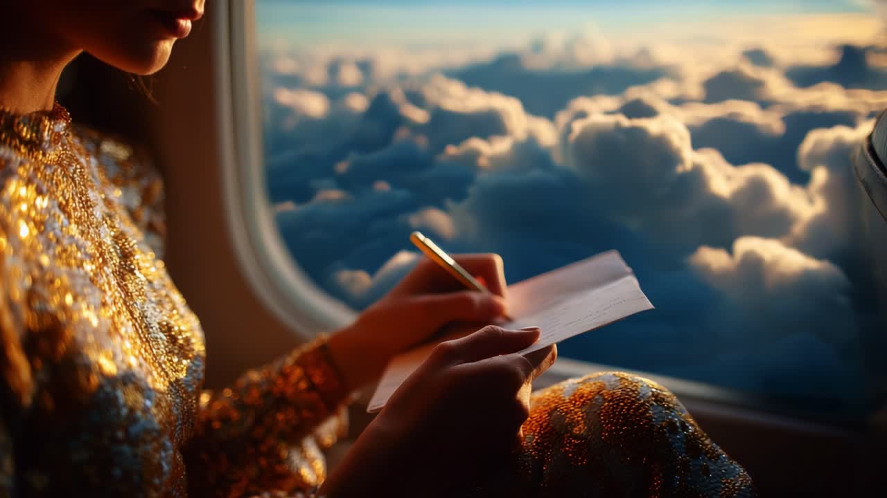 A Serene Moment Above the Clouds: A Person in Glittering Attire Writing a Letter by Airplane Window as the Sun Sets, Creating an Ethereal Glow Lighting up the Soft, Fluffy Clouds Beneath Them