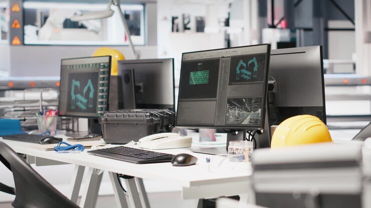 Vertical Video Monitors in photovoltaics factory used to manage performance of robot arms