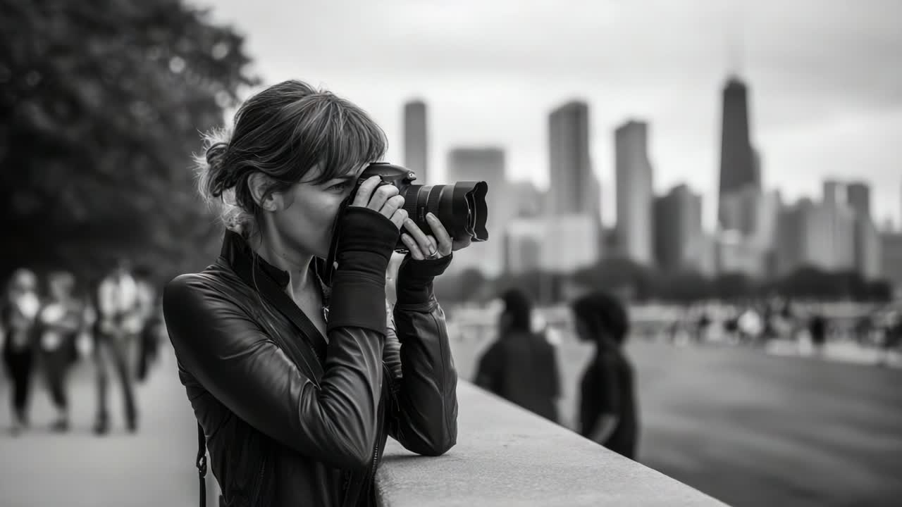 A Passionate Photographer Capturing Urban Life Amidst a Cityscape, Focusing on Daily Moments and the Art of Photography in an Engaging Black and White Setting, Showcasing Skill and Dedication to Craft