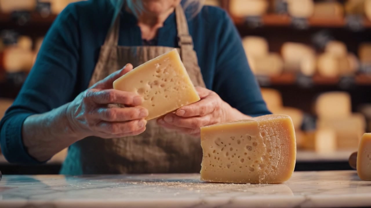 Produzione di formaggio: un artigiano dedicato esplora la consistenza e il sapore del formaggio appena tagliato in un ambiente di formaggeria tradizionale, enfatizzando la qualità artigianale.