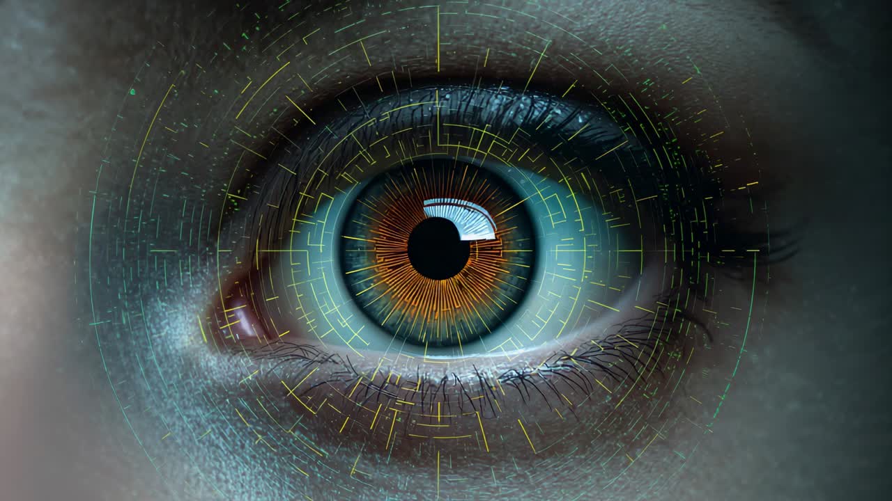 Reacting to HUD activation, eye opening and blinking for iris scan in extreme close-up