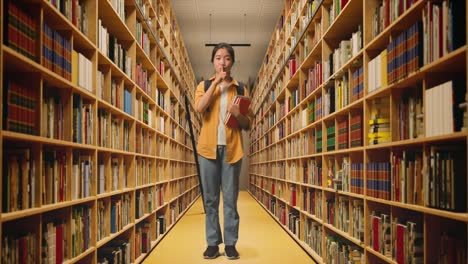 cuerpo lleno de estudiante mujer asiática con una mochila y algunos libros mirando a la cámara y haciendo gesto de silencio mientras estaba de pie en la biblioteca