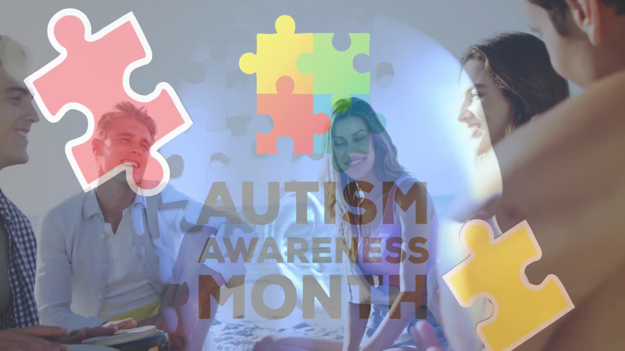 Animation of colourful puzzle pieces and autism text over happy friends at summer beach party