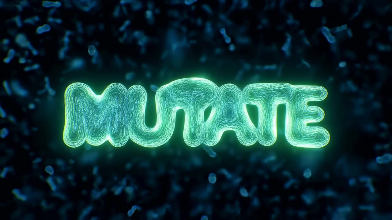 Action-driven sequence showing neon green MUTATE word centered in mid-foreground transforming across clip from solid textured letters to stretched fibrous