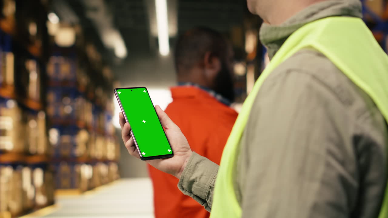 Vertical screen on smartphone held by male worker ensuring shipment