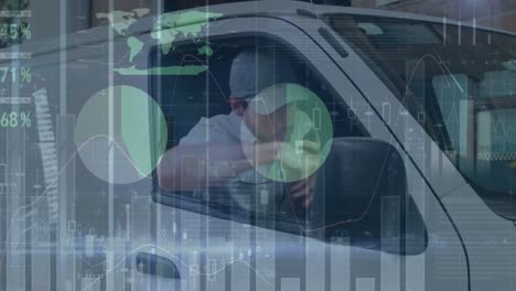 animation of financial data processing over delivery man getting out of car outside of warehouse