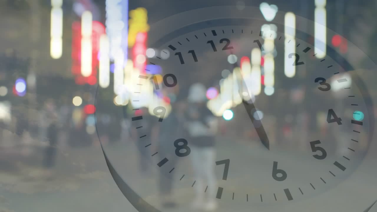 Clock overlay fading in over neon street, crowd walking with rotating hands to visualize time