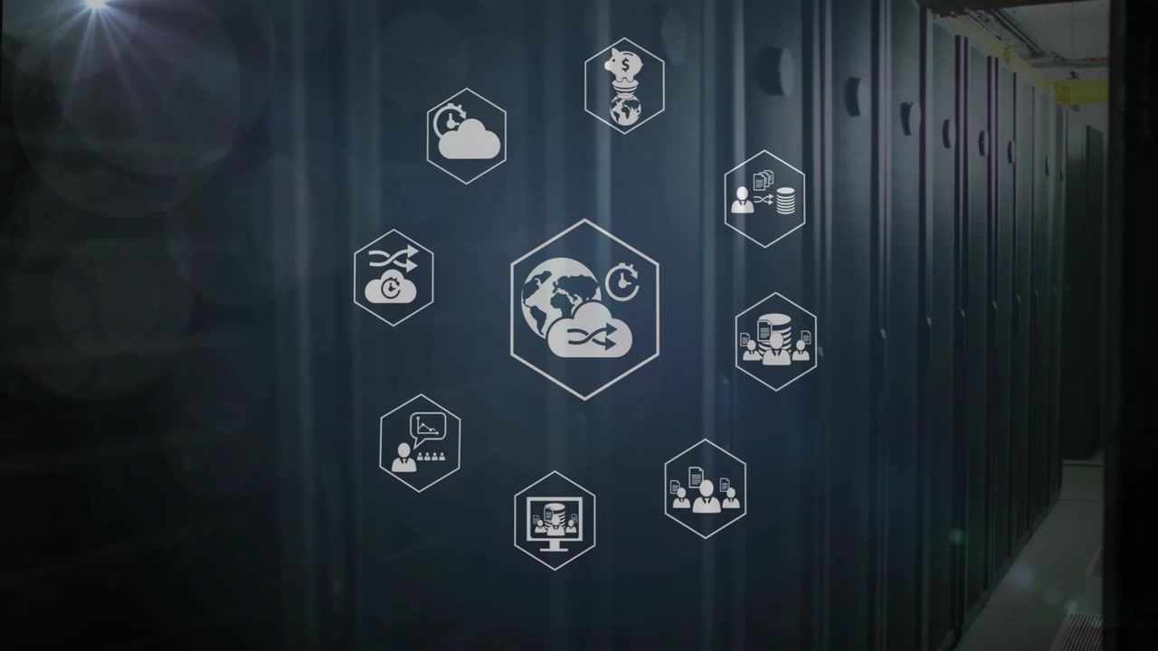 Server racks receding starting data sync icon pulsing icons fading and rotating showing data sync