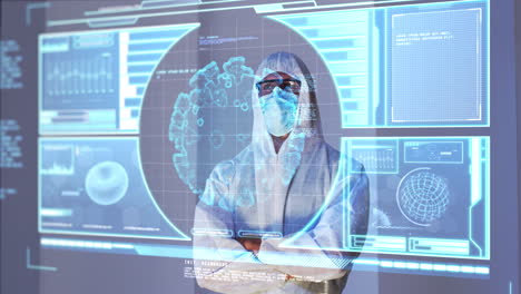 animation of male scientist behind interactive computer screen with medical data processing