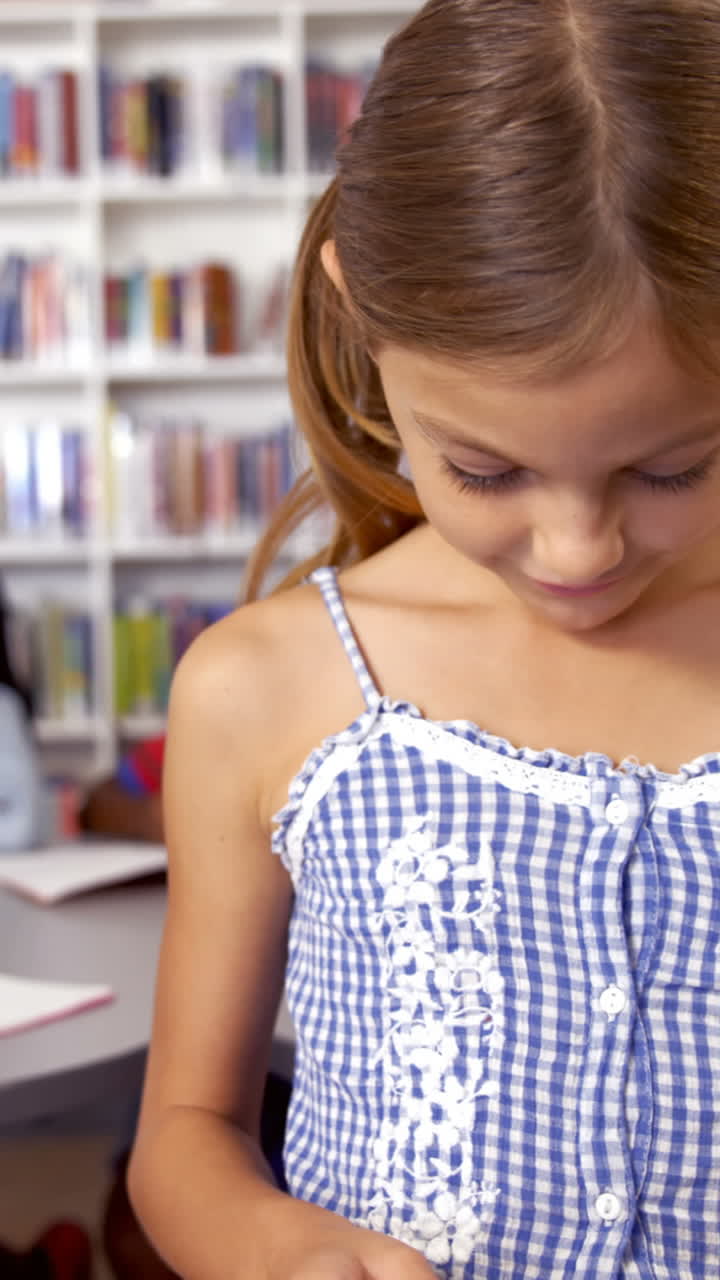 scolaretta che usa il tablet digitale in biblioteca