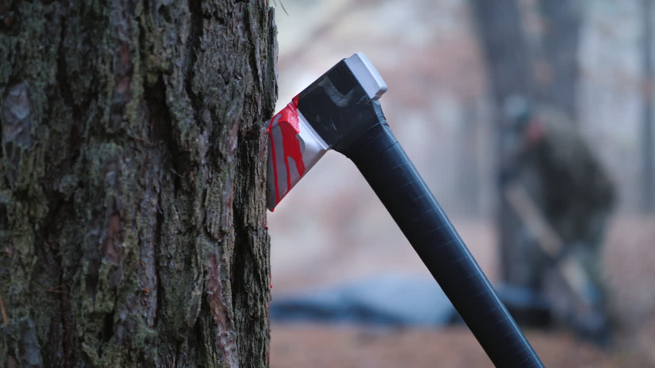 범죄자가 숲에서 피해자의 시체를 파다