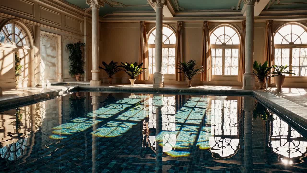 Luxurious indoor pool with classical architecture, captured at a low angle