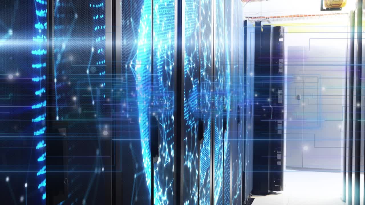 Data lines flowing on racks from camera initiated glow forming 3D holographic globe mapping network