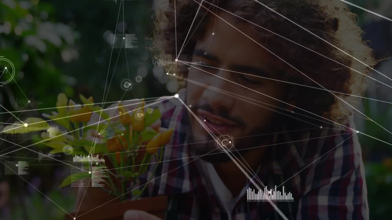 Gardener bringing pepper pot close triggers agriculture data overlay while inspecting plant health