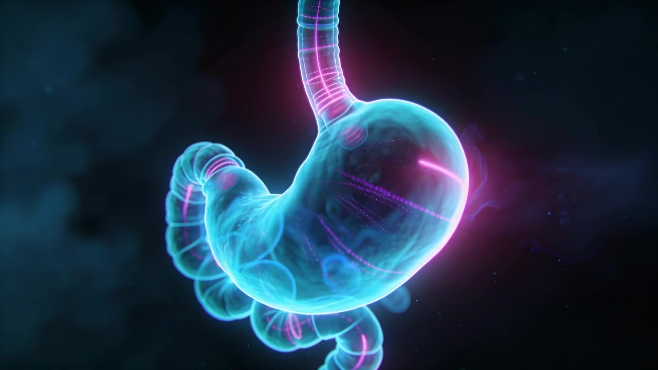 Camera rotating stylized stomach and small intestine showing magenta lit paths and smoke in void