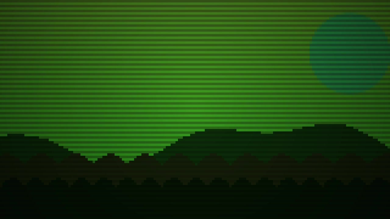 Paesaggio in pixel art retrò con montagne verdi e sole