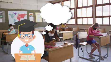 animación de elementos escolares iconos que se mueven sobre los escolares que llevan máscaras faciales