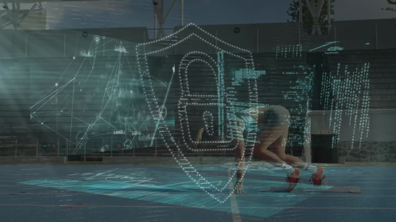 animación de un candado digital en la pantalla sobre una mujer caucásica preparándose para correr en el estadio