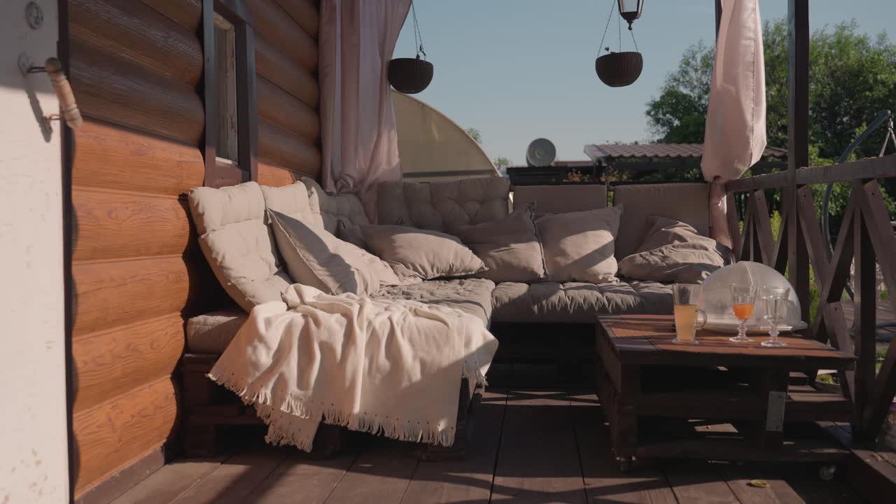 Bright Rustic Retreat, Cheerful Countryside Spot Featuring Cozy Wooden Porch With Pillows, Luminous Rustic Haven With Wooden Balcony Furnished With Soft Cushions And Relaxing Seating Area