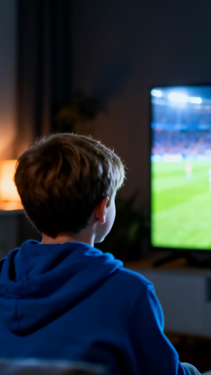 Video verticale: Un ragazzo con felpa blu con cappuccio guarda il calcio in TV sul divano di casa, con una lampada accesa.
