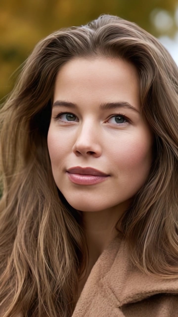 Primo piano accattivante di una giovane donna con tratti delicati e sfondo naturale, che evidenzia i suoi occhi espressivi e i capelli eleganti, circondata dai colori autunnali.