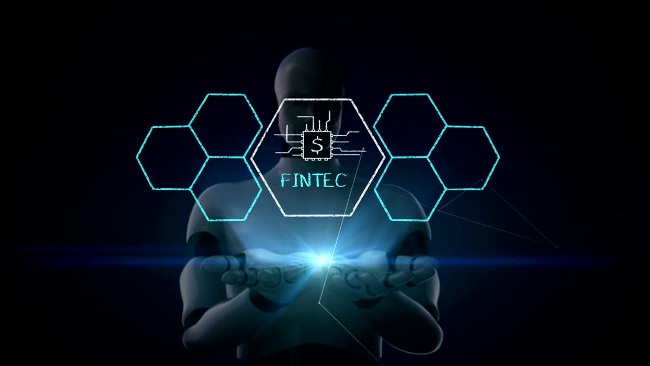 robot, cyborg abre dos palmas, icono de fin-tech y varios gráficos. tecnología financiera futurista. película en 4k. versión 1.