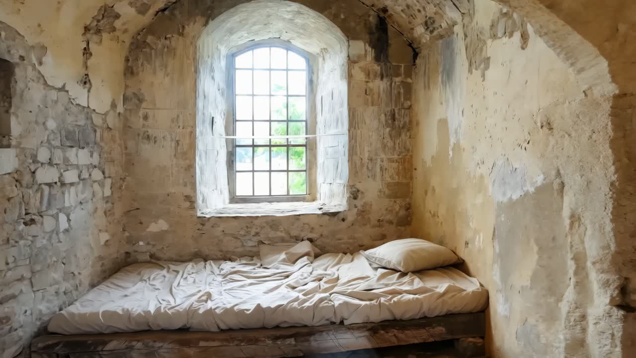 창문 이 있는 오래된 돌 방 의 침대