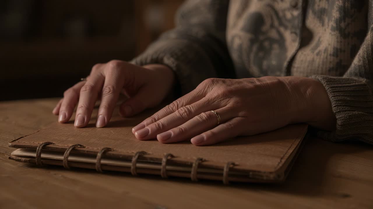 Settling senior hands shifting at home, pausing before opening bound notebook, knit cuffs