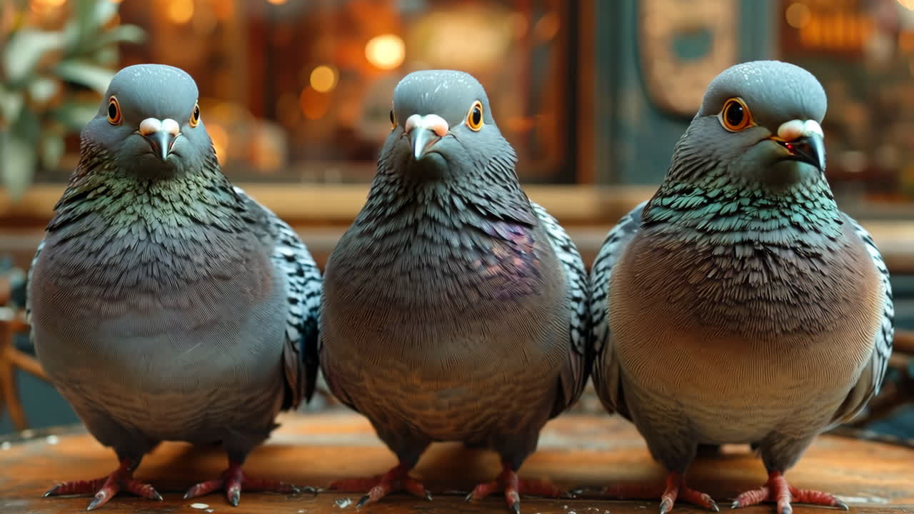 Three Colorful Pigeons Sitting Together in Urban Setting. Three vibrant pigeons stand side by side, showcasing their detailed plumage in an urban environment with blurred city elements in the background.