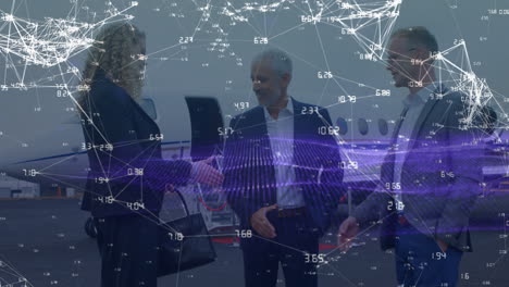 animation of network of connections over business people at the airport