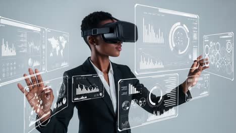 a business professional engaged in virtual reality technology, interacting with interactive data displays in a modern office environment