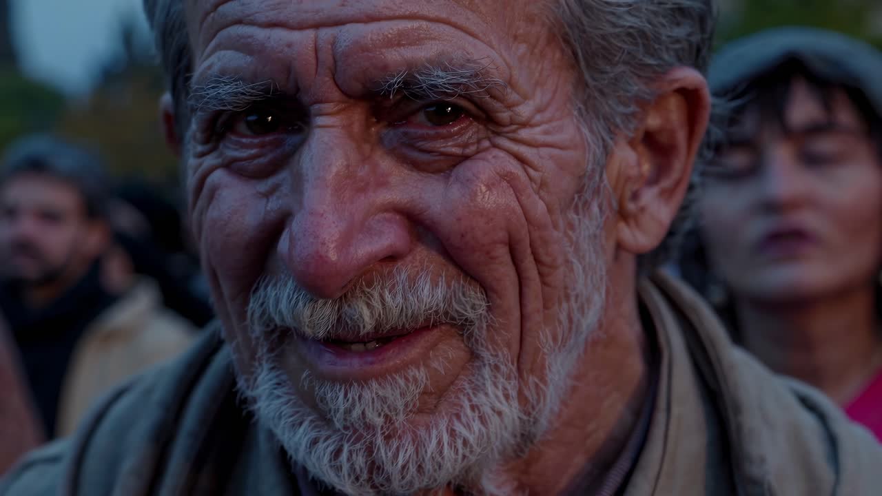 Sun rays illuminating ancient cityscape, weathered elderly man smiling warmly amid bustling crowd, radiating profound hope and quiet resilience through golden evening light