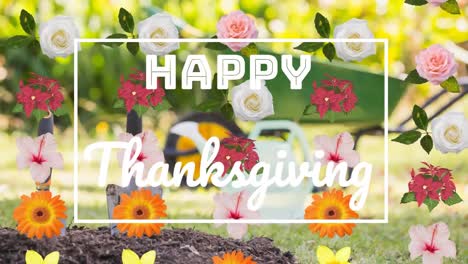 Animation-of-happy-thanksgiving-text-in-frame-over-garden-and-floral-pattern
