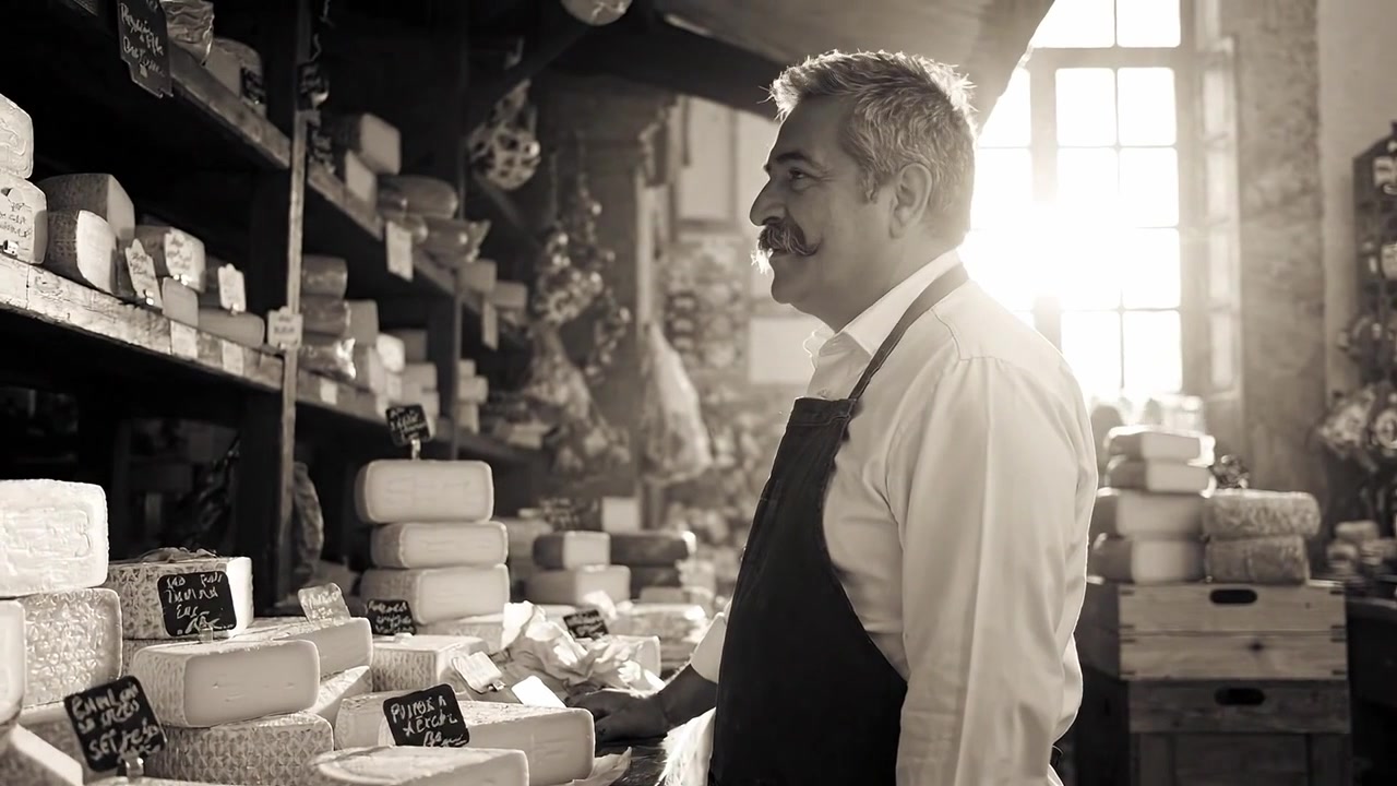 Venditore di formaggi artigianali in una bottega rustica, circondato da formaggi assortiti immersi in una luce calda, che evidenzia l'artigianalità e la passione per i prodotti lattiero-caseari