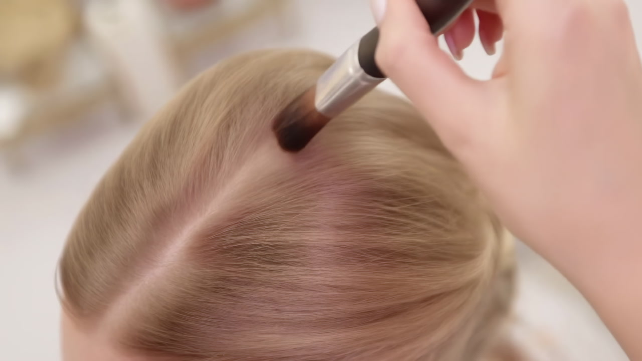 Closeup Caucasian Woman Hair Roots Retouched, Makeup Brush Applies Powder Along Parting For Natural Root
