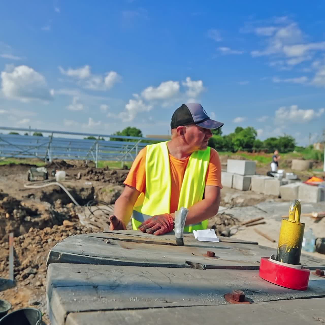 Building works on the solar farm. Male worker unwinds hose pipe on the field. Construction of solar power plant for renewable energy.