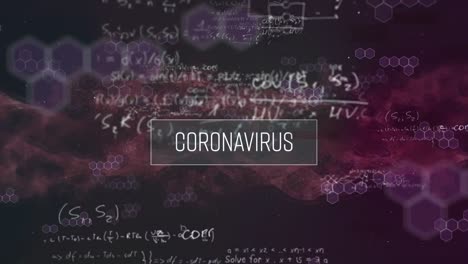pancarta de texto de coronavirus sobre estructuras moleculares y ecuaciones matemáticas en fondo negro