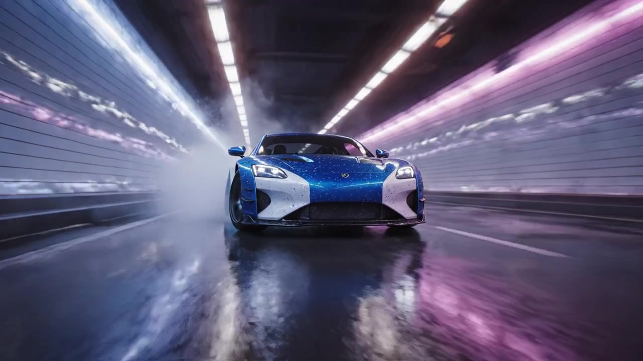 Splendida Auto Sportiva in Tunnel al Neon: Una Dinamica Vetrina di Prestazioni e Design Catturata in un Ambiente Abbagliante con Luci Scintillanti e Riflessi