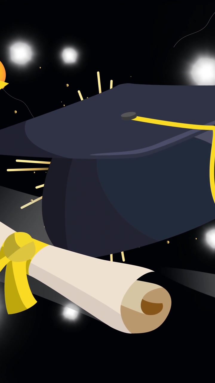 Animazione di un toque da laurea su palloncini e punti luce, su sfondo nero.