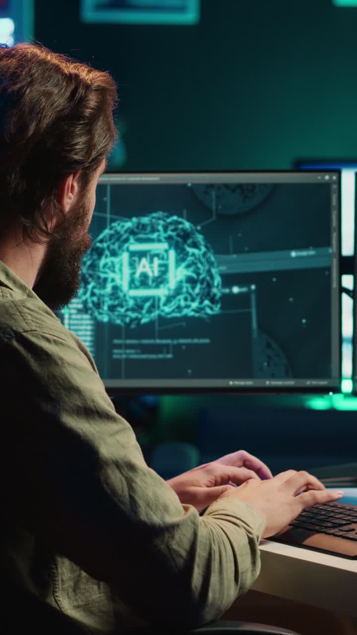 Bearded Man Working on AI Software at Night