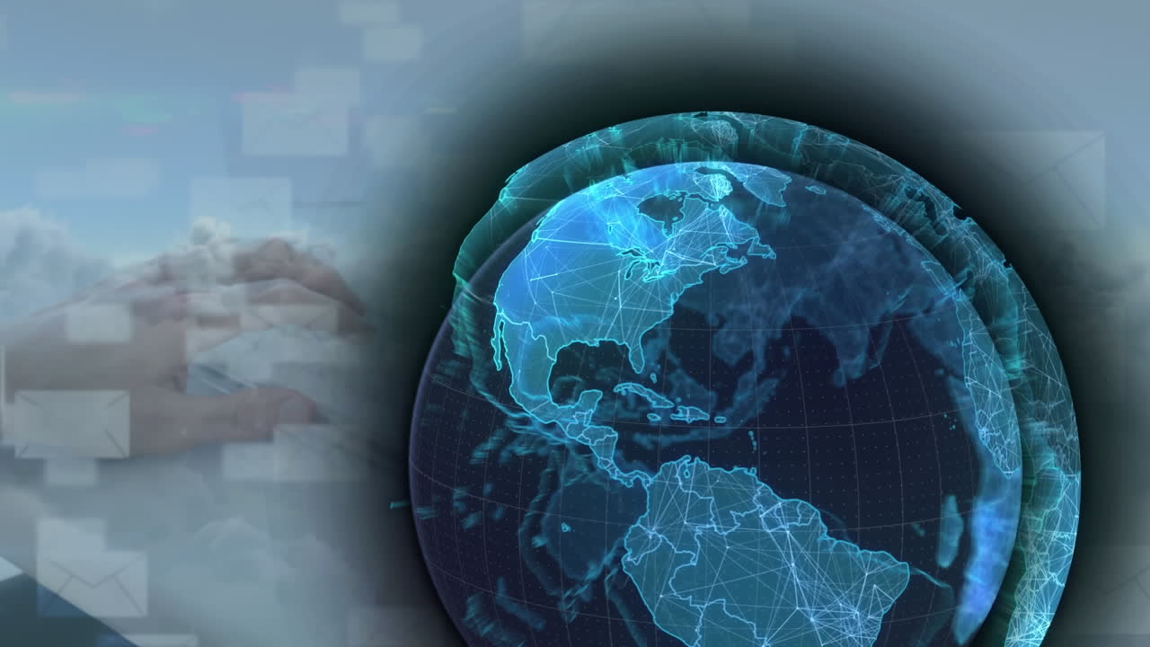 Animation of globe and envelope icons over hands typing on keyboard